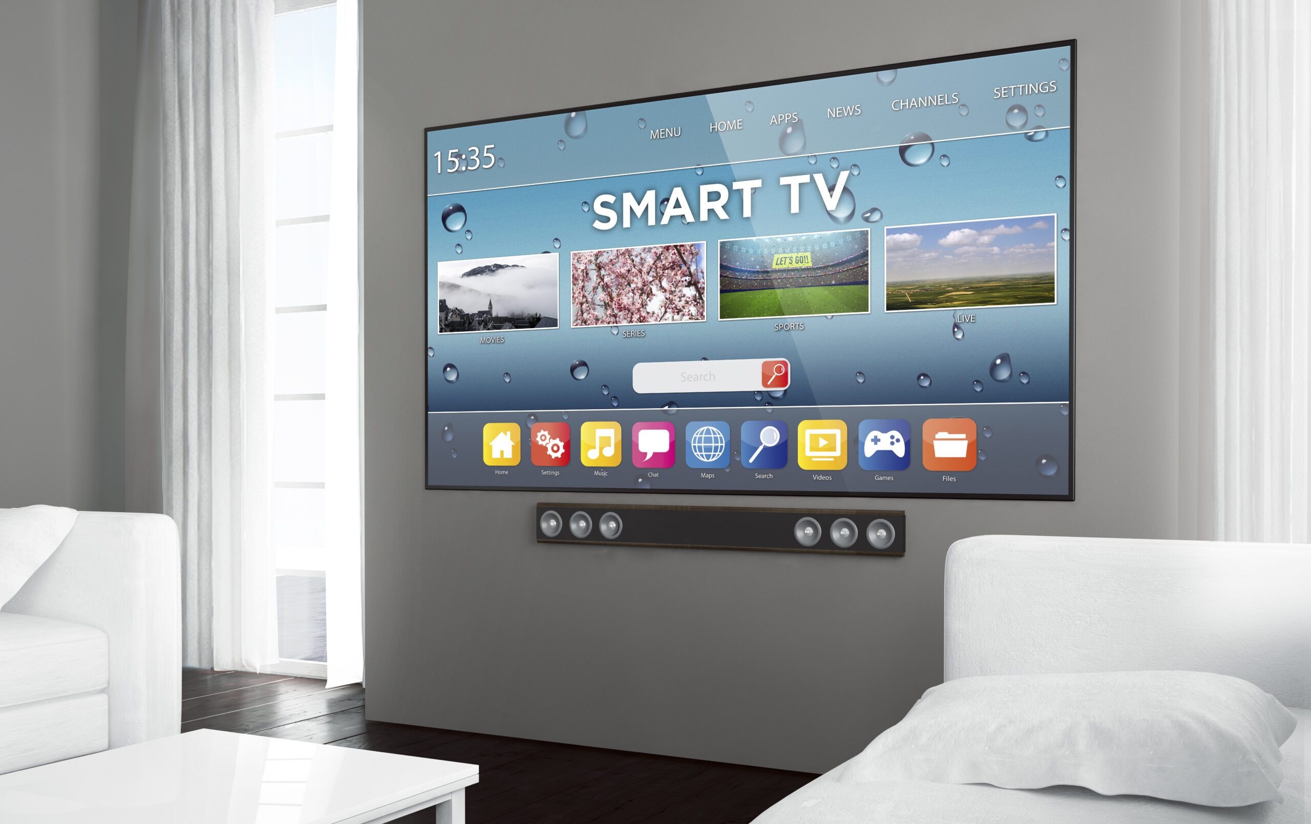 A wall-mounted smart TV displaying a home screen interface with various apps and channels options. The living room has white furniture and a coffee table.